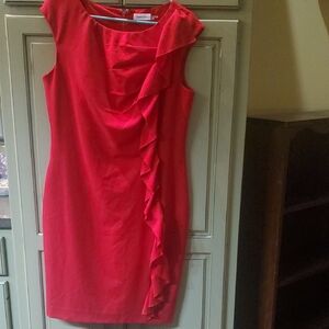 Calvin Klein Red Asymmetrical Ruffle Dress